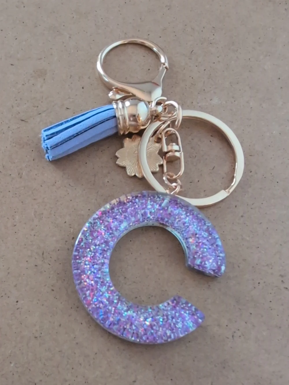 Gold Keyring with Purple Glitter 'C' Charm and Tassel
